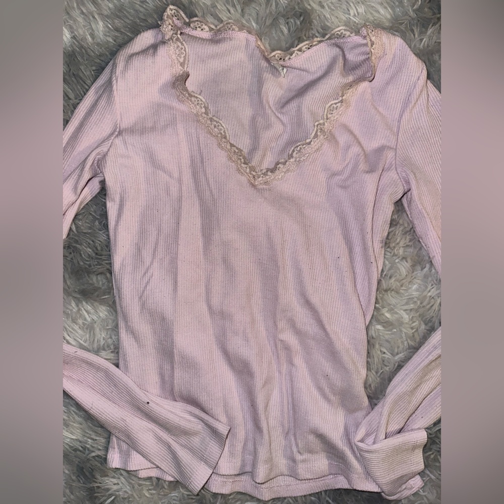 Cotton On Body Pink Long Sleeve Thermal Shirt VNeck Lace - XS